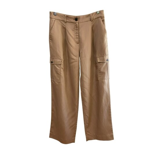 Wide-Leg Tan Cargo Pants By Loft Size 8 Lyocell/Linen Blend High-Waist Button & - Picture 2 of 9